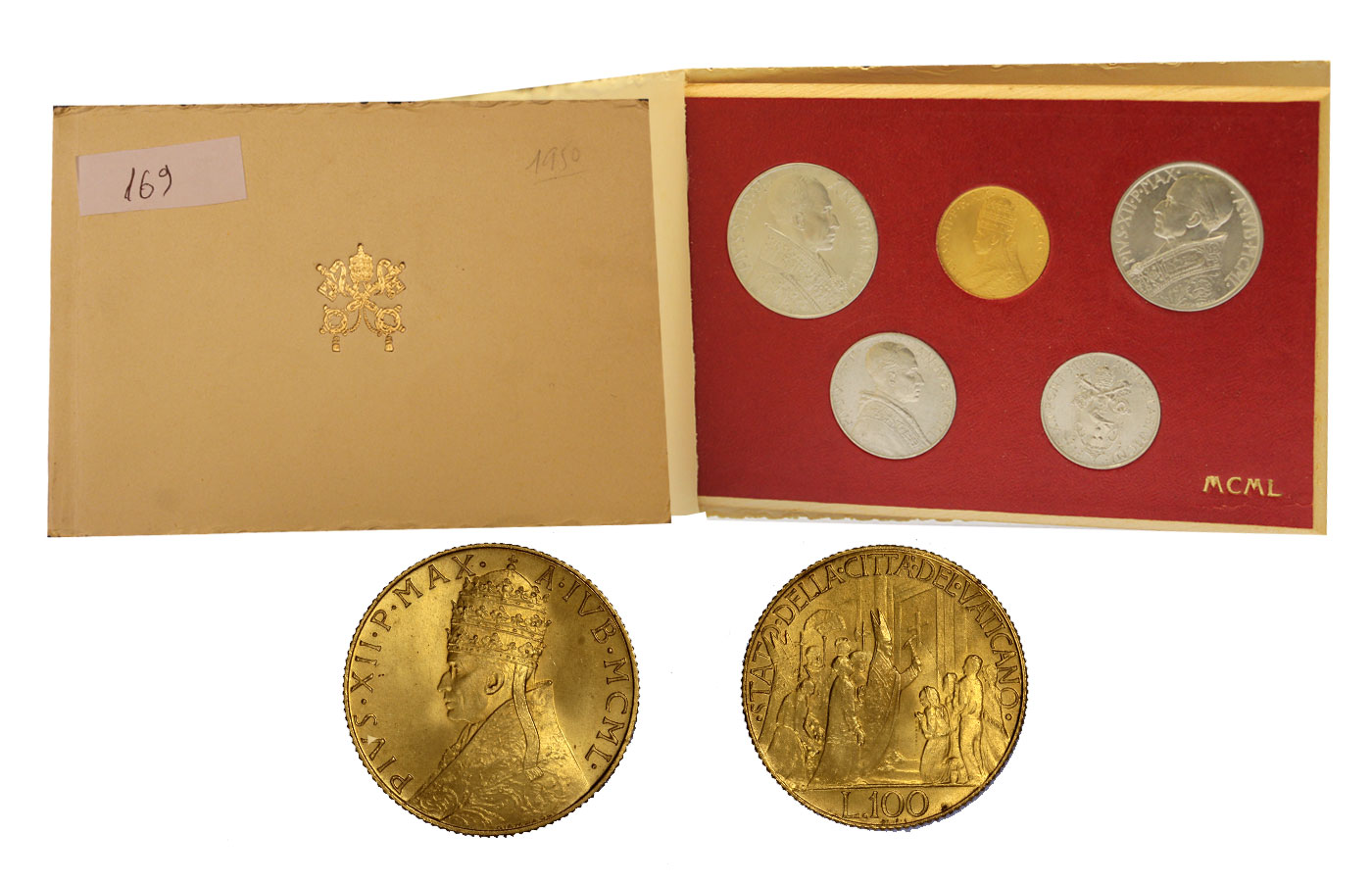 Serie completa di 5 monete con 100 Lire in oro di gr.5,19 in oro 900/ in confezione ufficiale