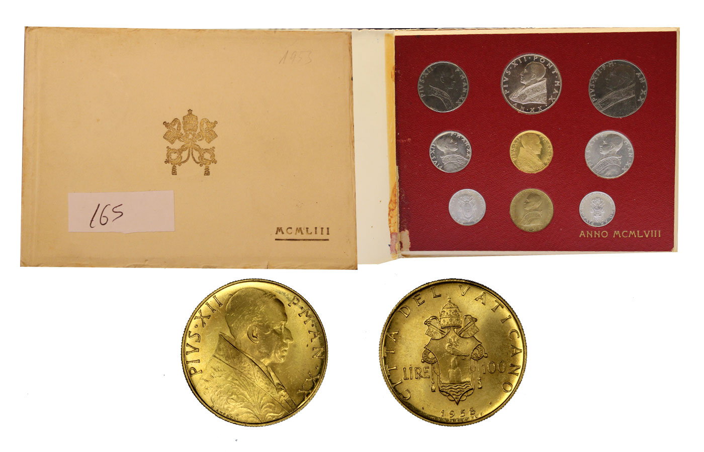 Serie completa di 9 monete con 100 Lire in oro di gr.5,19 in oro 900/°°° in confezione ufficiale
