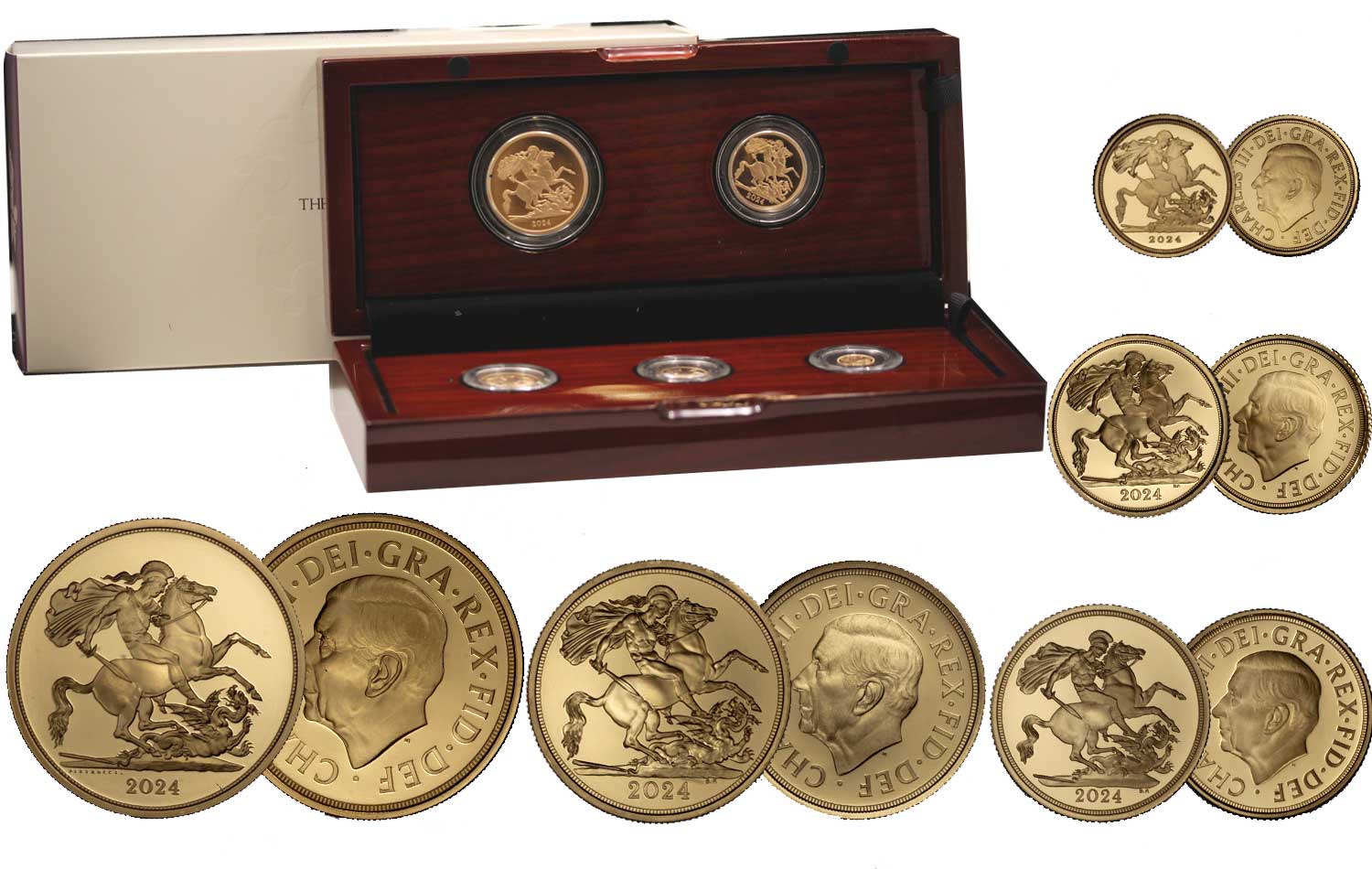 "Incoronazione di Re Carlo III" - Set di 5 monete (5, 2, 1, 1/2 e 1/4 di sterlina) gr. 69,87 in oro 917/000 - Tiratura 1050 pz.