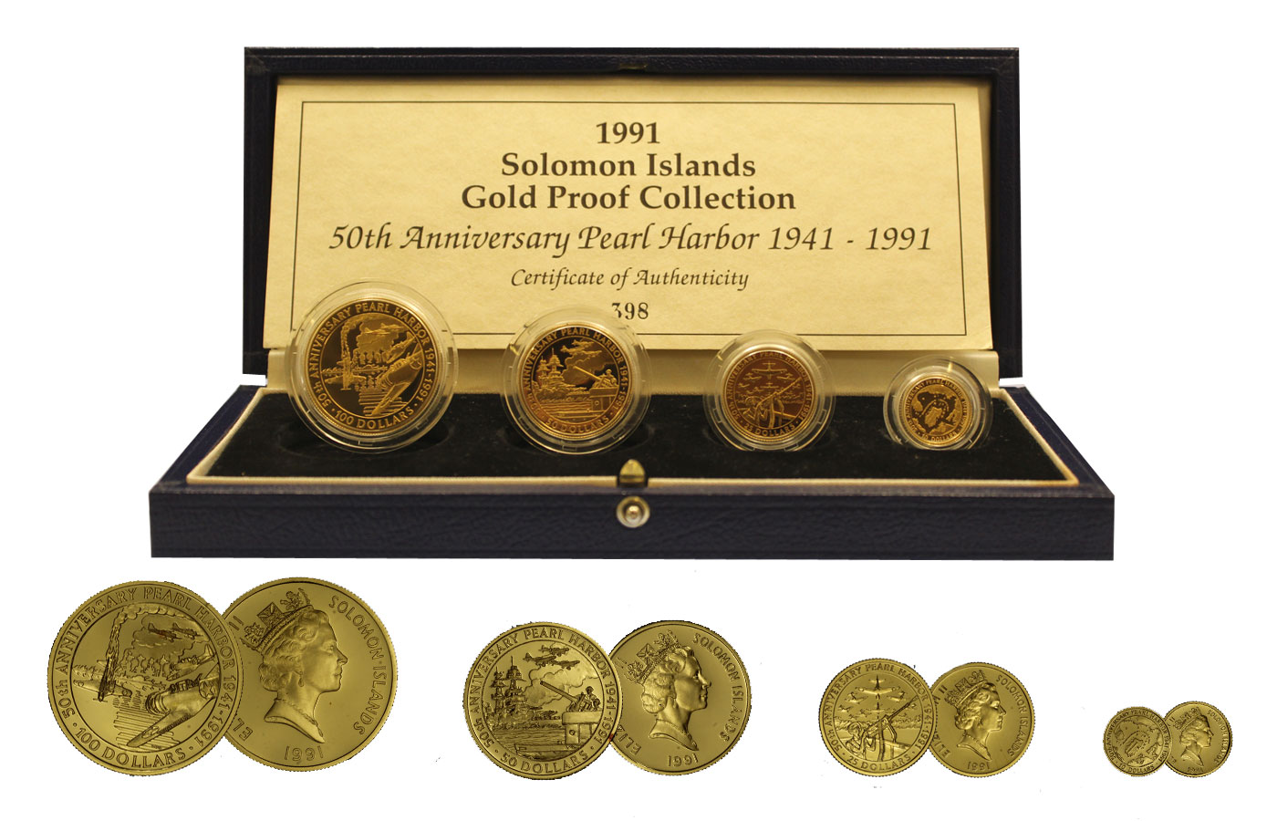 "50° Pearl Harbor" - serie di 4 monete da 100, 50, 25, 10 dollari gr. 57.75 in oro 999/°°° - conf. originale 