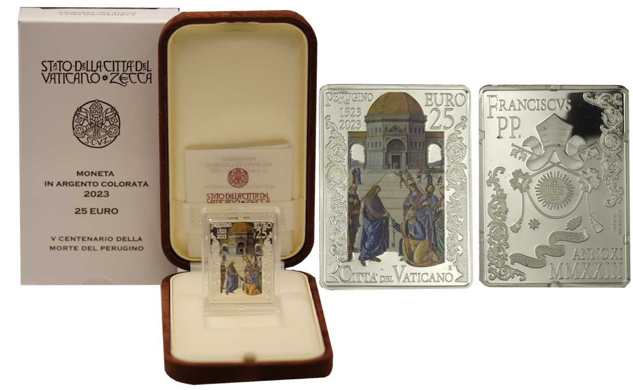 "V Centenario della morte del Perugino" - moneta da 25 Euro gr. 35,00 in ag. 925/000 colorata - Tiratura 1.500 pezzi