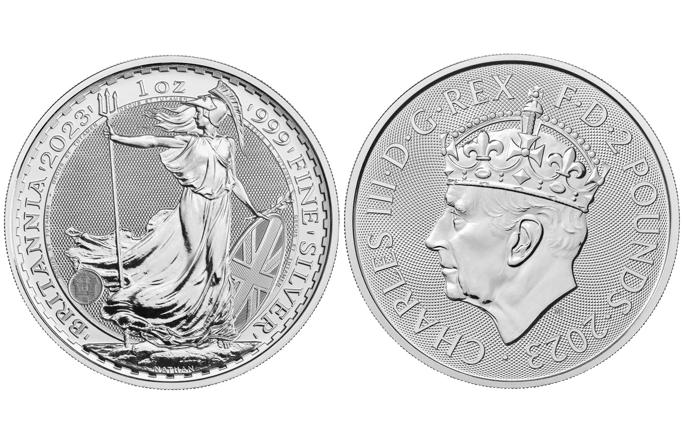 "Britannia - Re Carlo III con corona" - moneta da 2 sterline (1 oncia) gr. 31,10 in ag.999/000