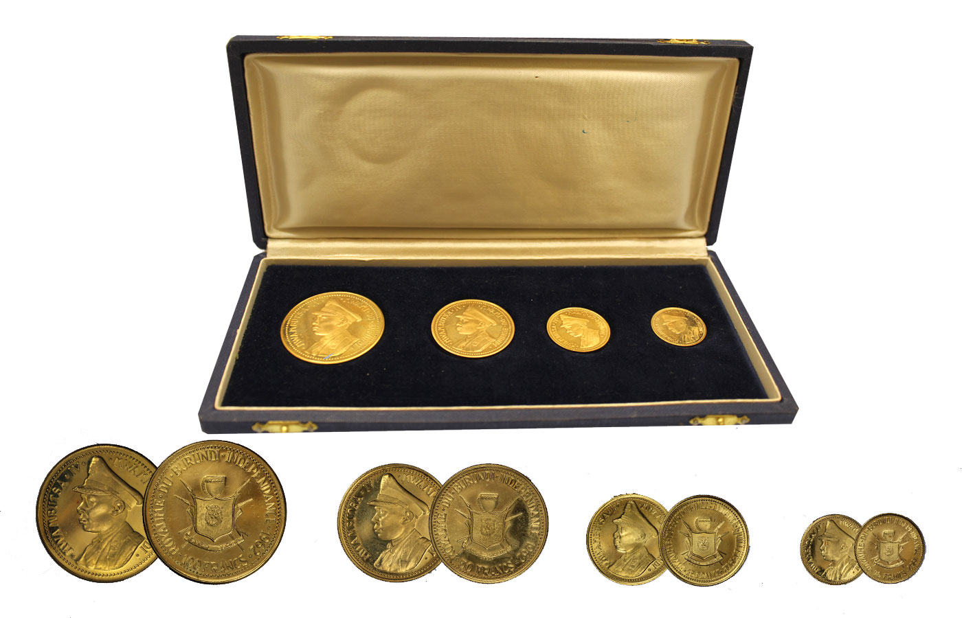 "Presidente Mwambutsa" - 100-50-25-10 franchi gr. 59,20 in oro 900/°°° - serie completa in conf. 