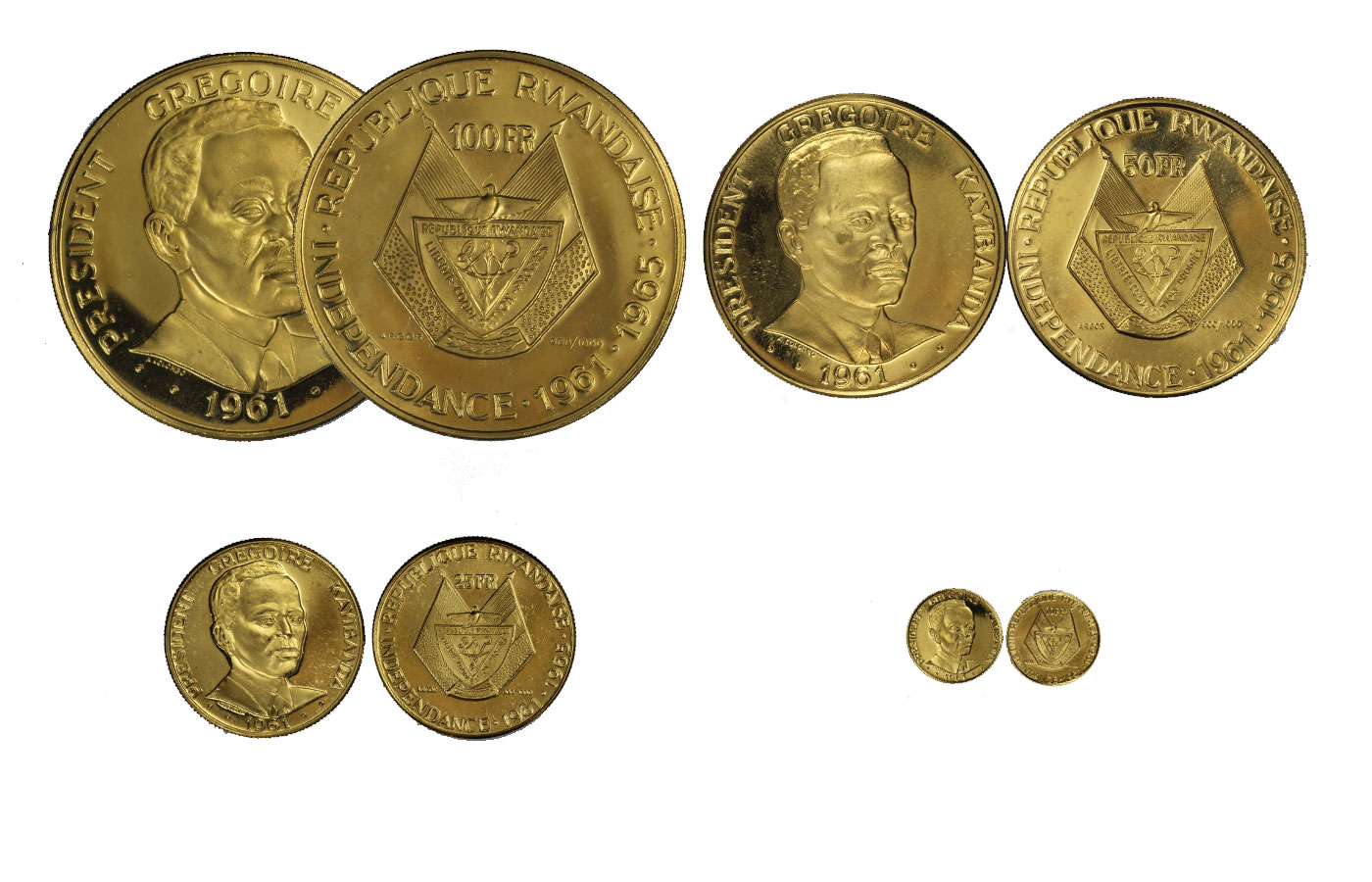 "Presidente Gregoire Kayibanda" - 100-50-25-10  franchi gr. 56,25  in oro 900/000 - serie completa in conf.