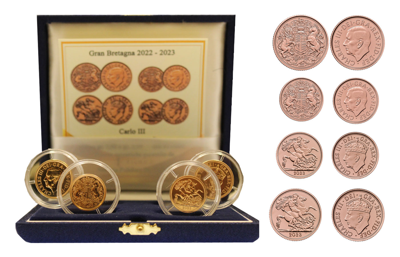 Set Memoriale della Regina Elisabetta e Incoronazione di Re Carlo III - coppie sterline e mezze di gr. 7,98 e gr. 3,99 cad. in oro 917/000