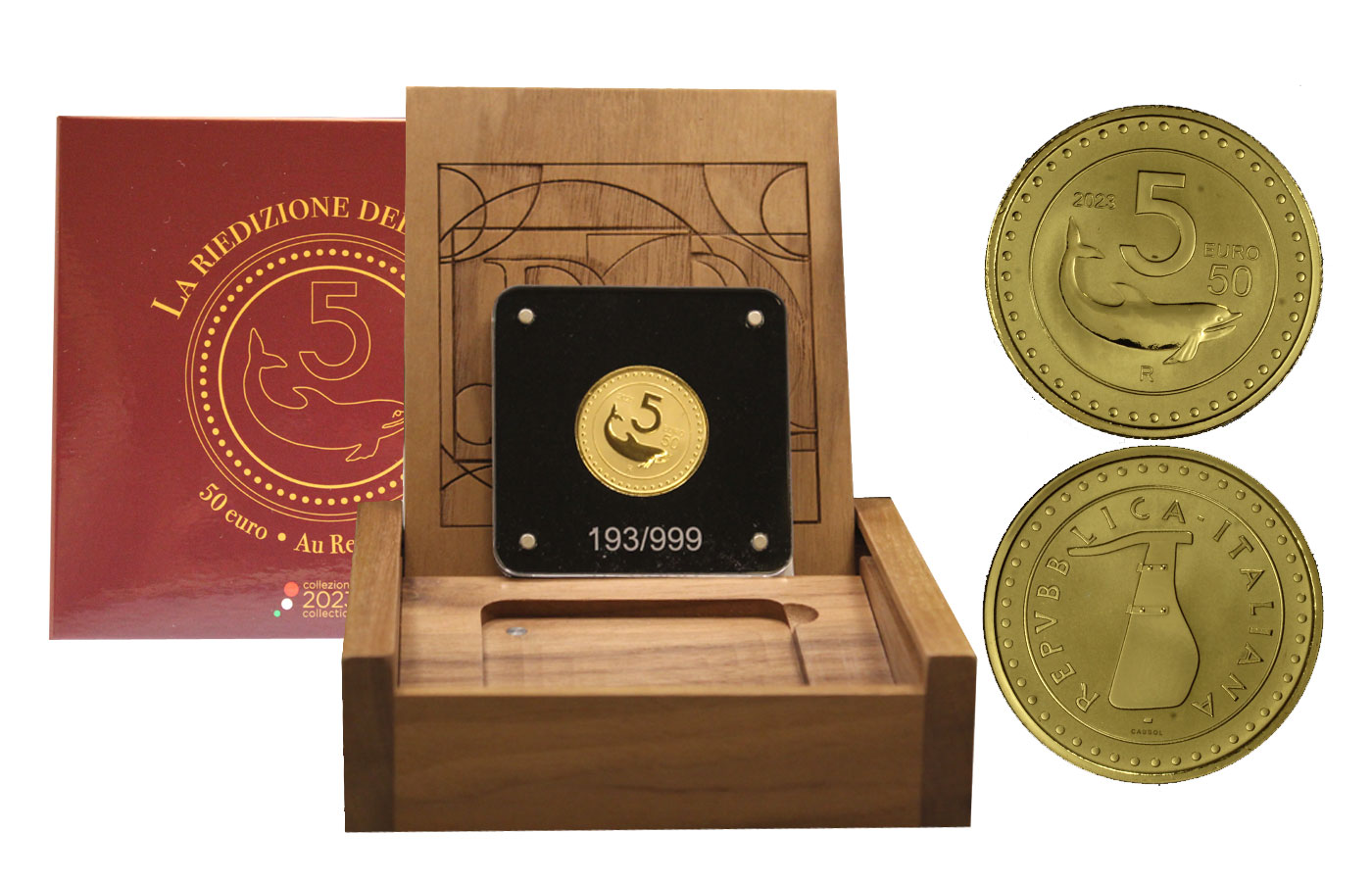 "Riedizione della Lira: 5 lire" - 50 euro gr. 15,52 in oro 999/°°°- Tiratura 999 pezzi