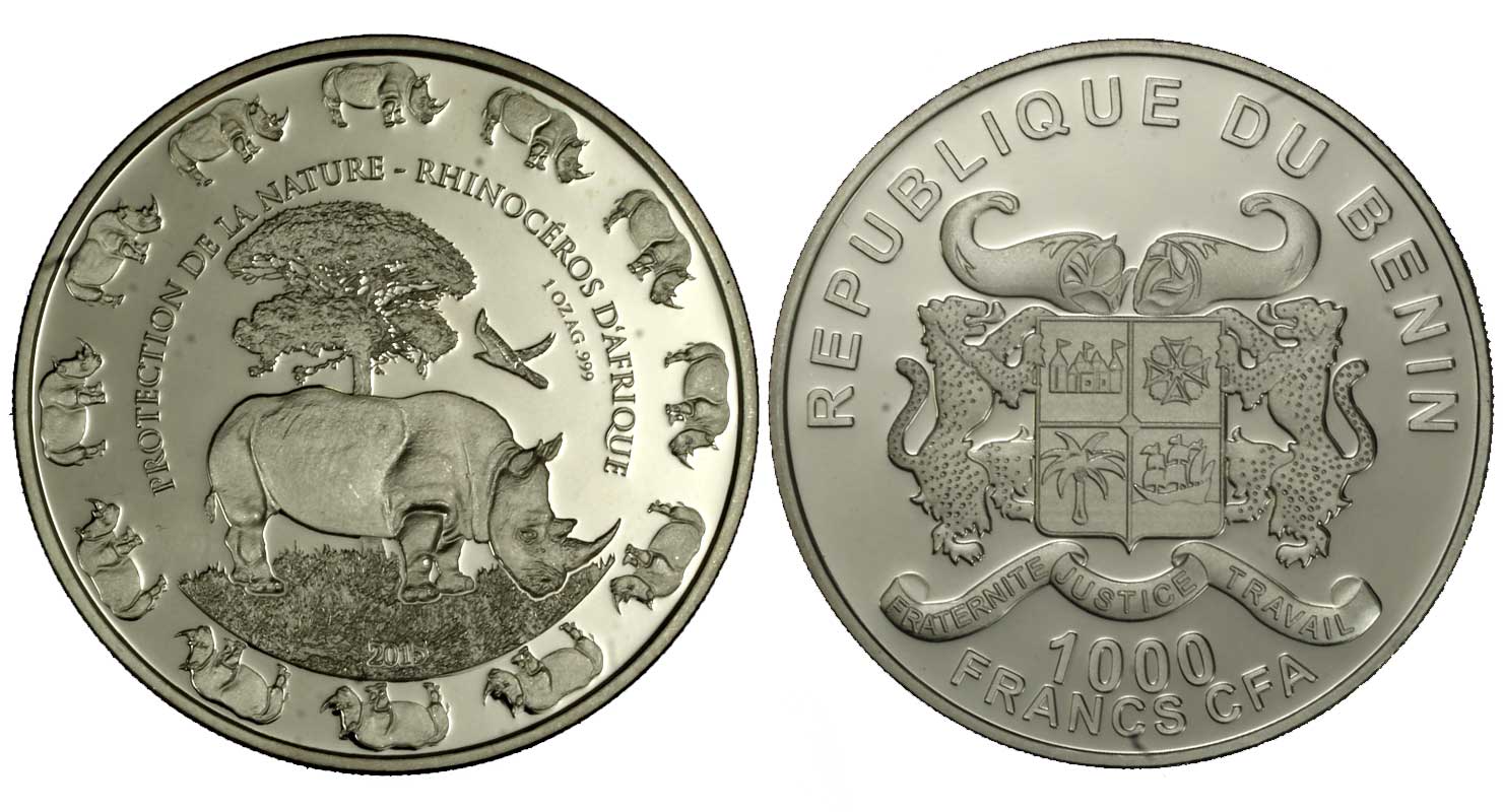 "Rinoceronte Africano" - 1000 franchi gr. 31,103 (1 oz) in ag.999/
