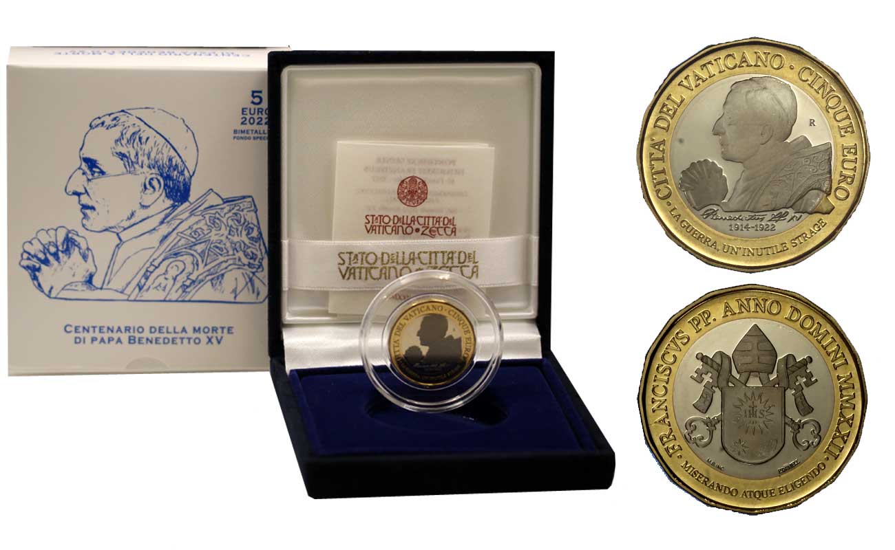 Centenario della morte di Papa Benedetto XV -5 euro bimetallico in confezione ufficiale - Tiratura 4300 pezzi
