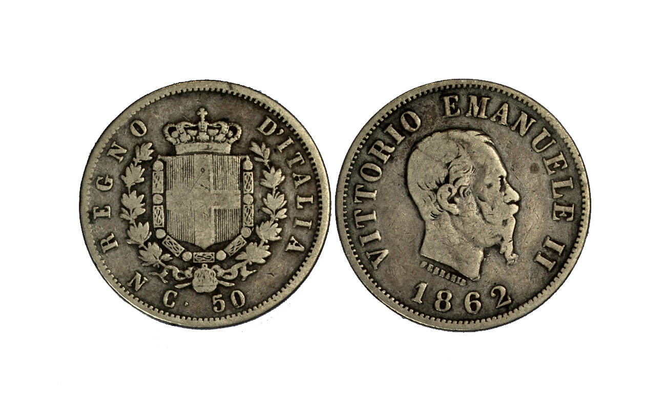 "Stemma" - Re Vittorio Emanuele II - 50 centesimi gr. 2,50 in arg. 900/ -