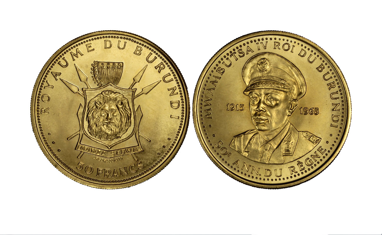 "50° anniversario di regno" - Re Mwambutsa IV - 50 francs gr. 15,00 in oro 900/°°°