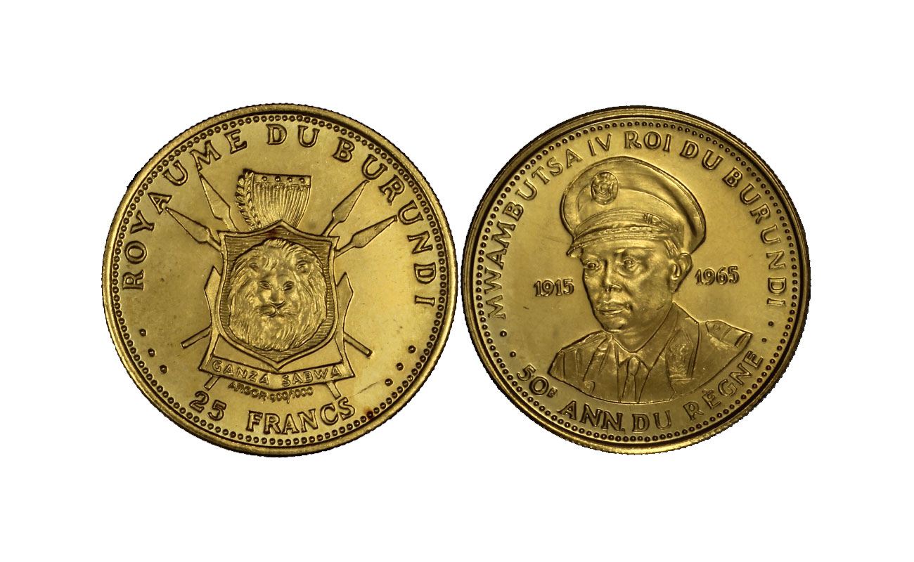 "50° anniversario di regno" - Re Mwambutsa IV - 25 francs gr. 7,50 in oro 900/°°°