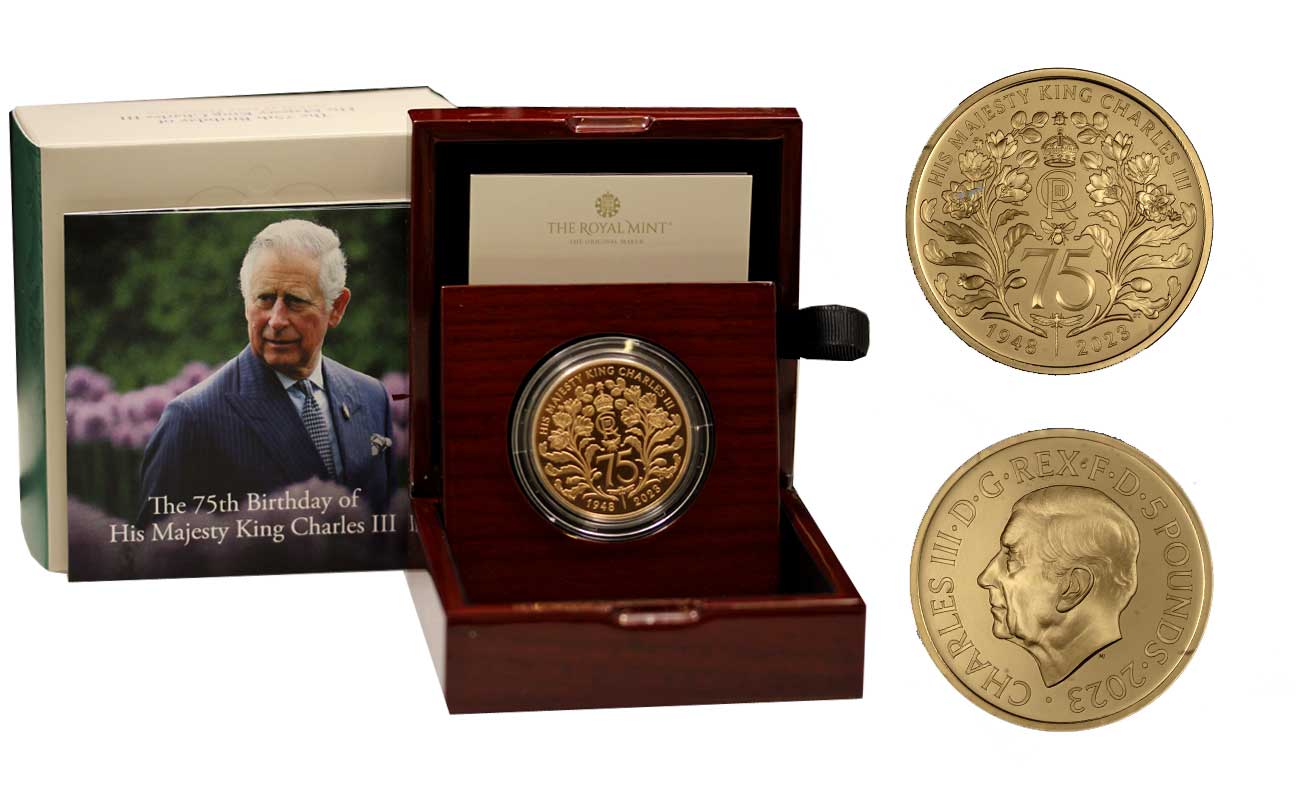 "75 anni Re Carlo III" - 5 pounds gr. 39,94 in oro 917/°°° - Tiratura 200 pezzi