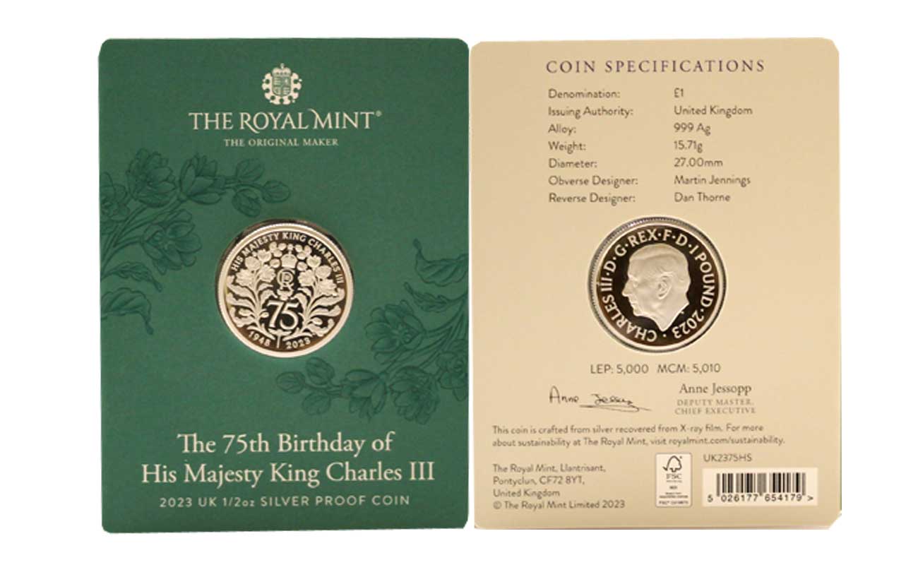 "75 anni di Re Carlo III" - 1 pound in arg.999/°°°- Tiratura 5000 pezzi