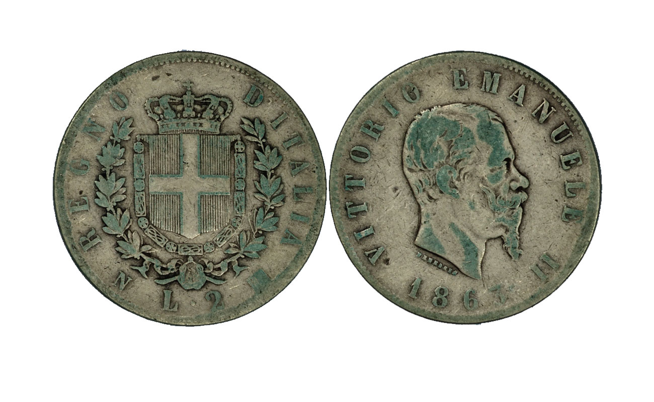 "stemma"- Re Vittorio Emanuele II -  2 lire gr. 10 in arg. 835/