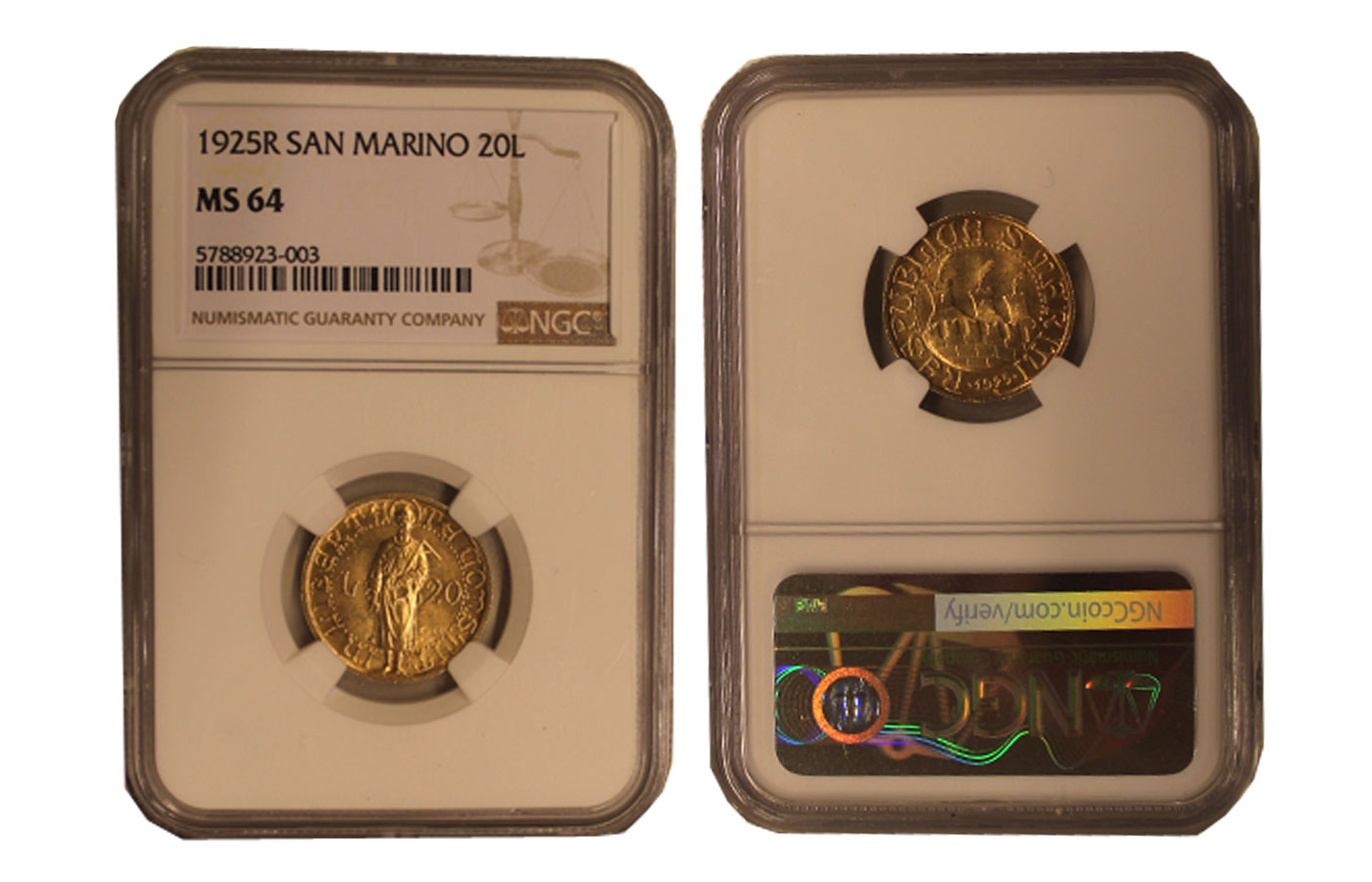 20 Lire gr. 6,45 in oro 900/ - In slab MS 64
