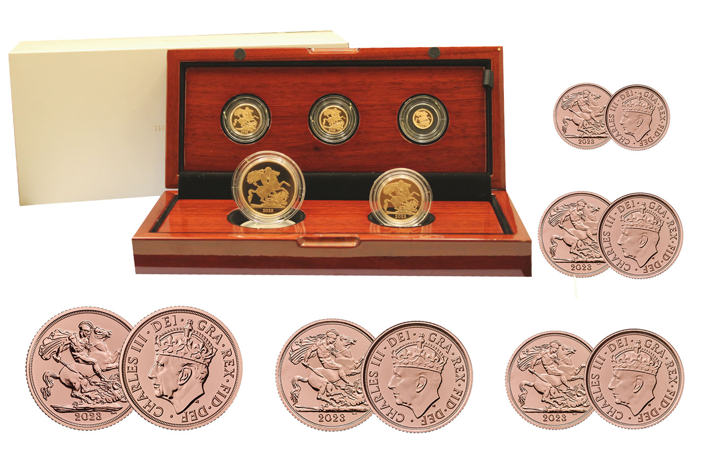"Incoronazione Re Carlo III" - Set di 5 monete (5, 2 sterline; 1, 1/2 e 1/4 di sterlina) gr.tot. 69,90 in oro 917/ - Tiratura 1050 pz