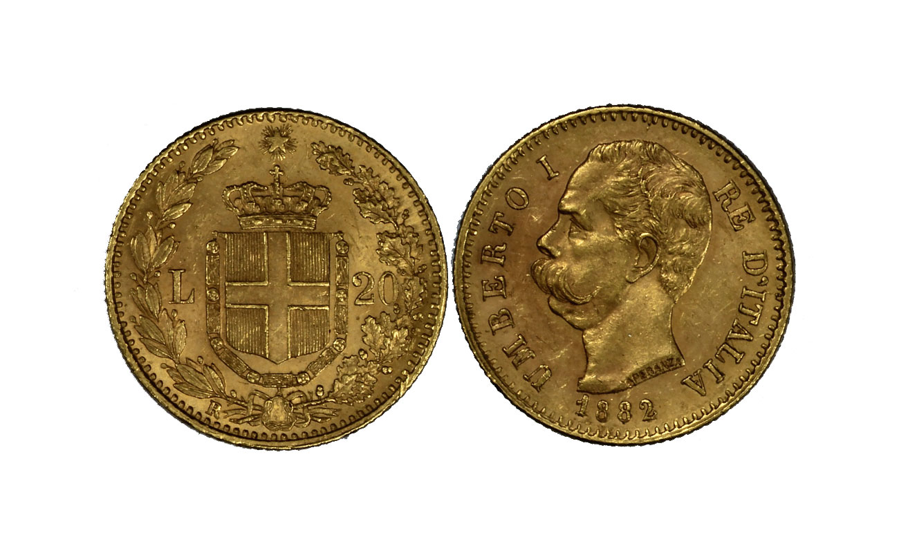 Re Umberto I - 20 Lire gr. 6,45 in oro 900/ - Rame rosso