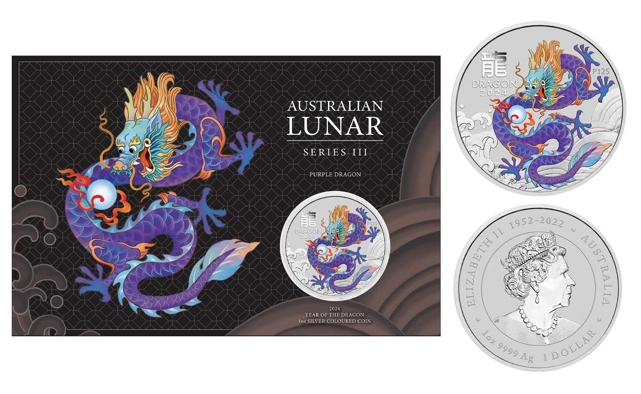"Calendario Lunare III serie: Drago viola" - Regina Elisabetta II - 1 Dollaro gr. 31,10 in arg. 999/ - Tiratura limitata 5000 pezzi