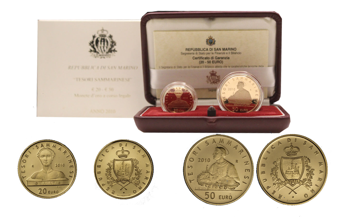 "Tesori Sammarinesi" - 20 euro + 50 euro gr. 22,58 in oro 900/ - conf. originale 
