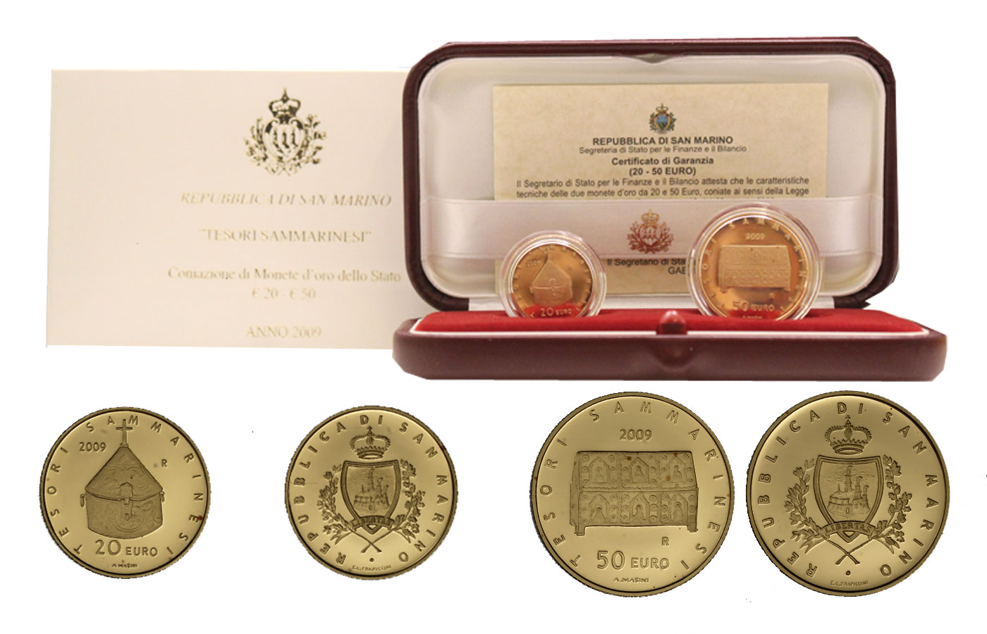 "Tesori Sammarinesi" - 20 euro + 50 euro gr. 22,58 in oro 900/°°° - conf. originale 