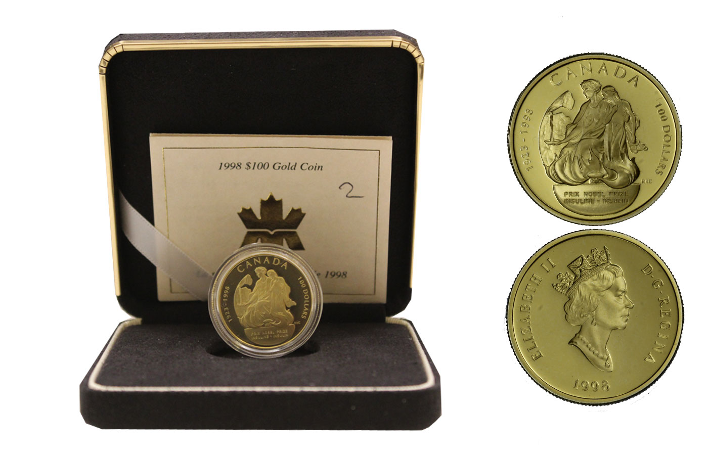 "Scoperta dell'insulina" - Regina Elisabetta II - 100 Dollari gr. 13,34 in oro 583/ - In conf. originale