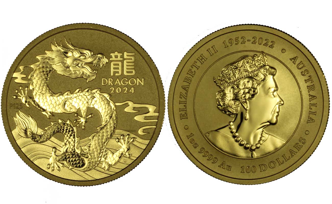 "Calendario Cinese - Anno del Drago" - Regina Elisabetta II - Oncia gr. 31,103 in oro 999/ 