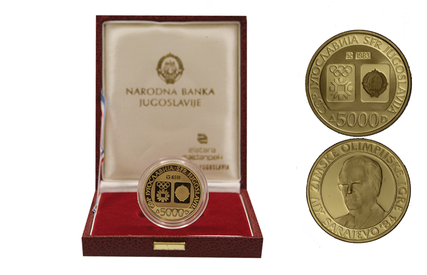 "Giochi olimpici di Sarajevo" - Maresciallo Tito - 5.000 Dinari gr. 8,00 in oro 900/ - In conf. originale
