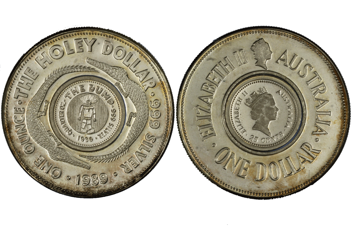 "The holey dollar & the dump" - Dollaro e 25 centesimi gr.tot. 39,91 in arg. 999/