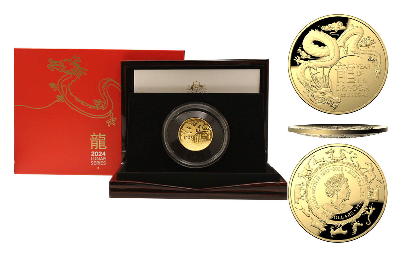 "Anno del drago" - Regina Elisabetta II - 100 Dollari gr. 31,103 in oro 999/ - Tiratura 750 pezzi