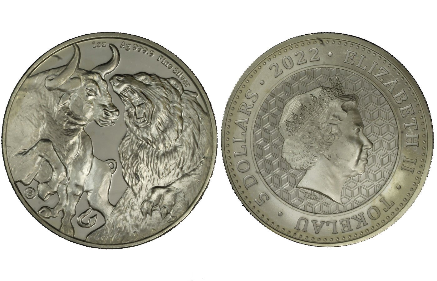 "Toro e orso" - Regina Elisabetta II - Oncia gr. 31.103 in arg. 999/ - Lotto di 10 pezzi