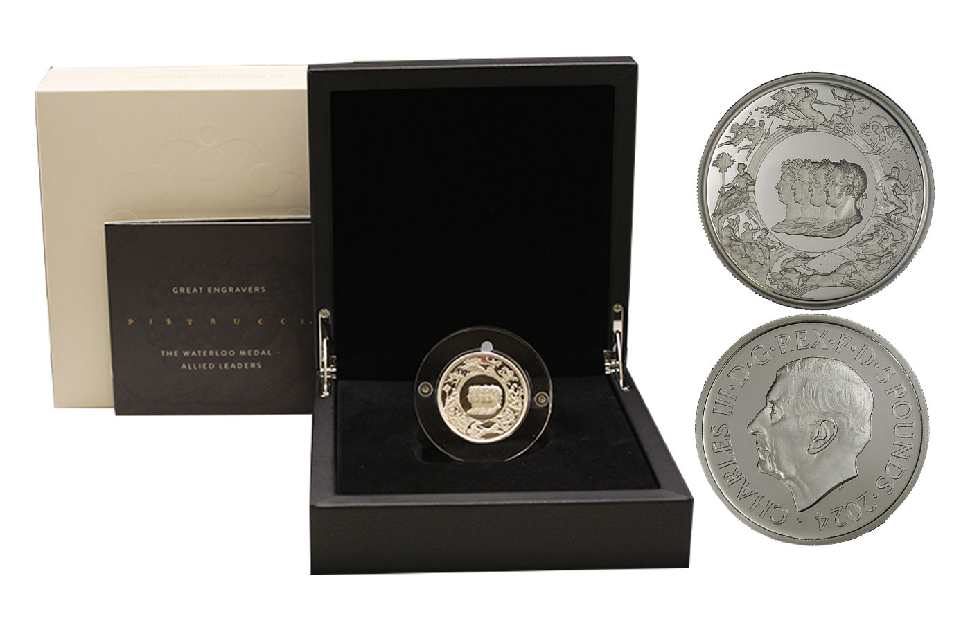 "Grandi Incisori: The Waterloo Medal di Pistrucci" - Re Carlo III - 5 Pounds gr. 62,86 in arg. 999/ - Tiratura 2950 pezzi