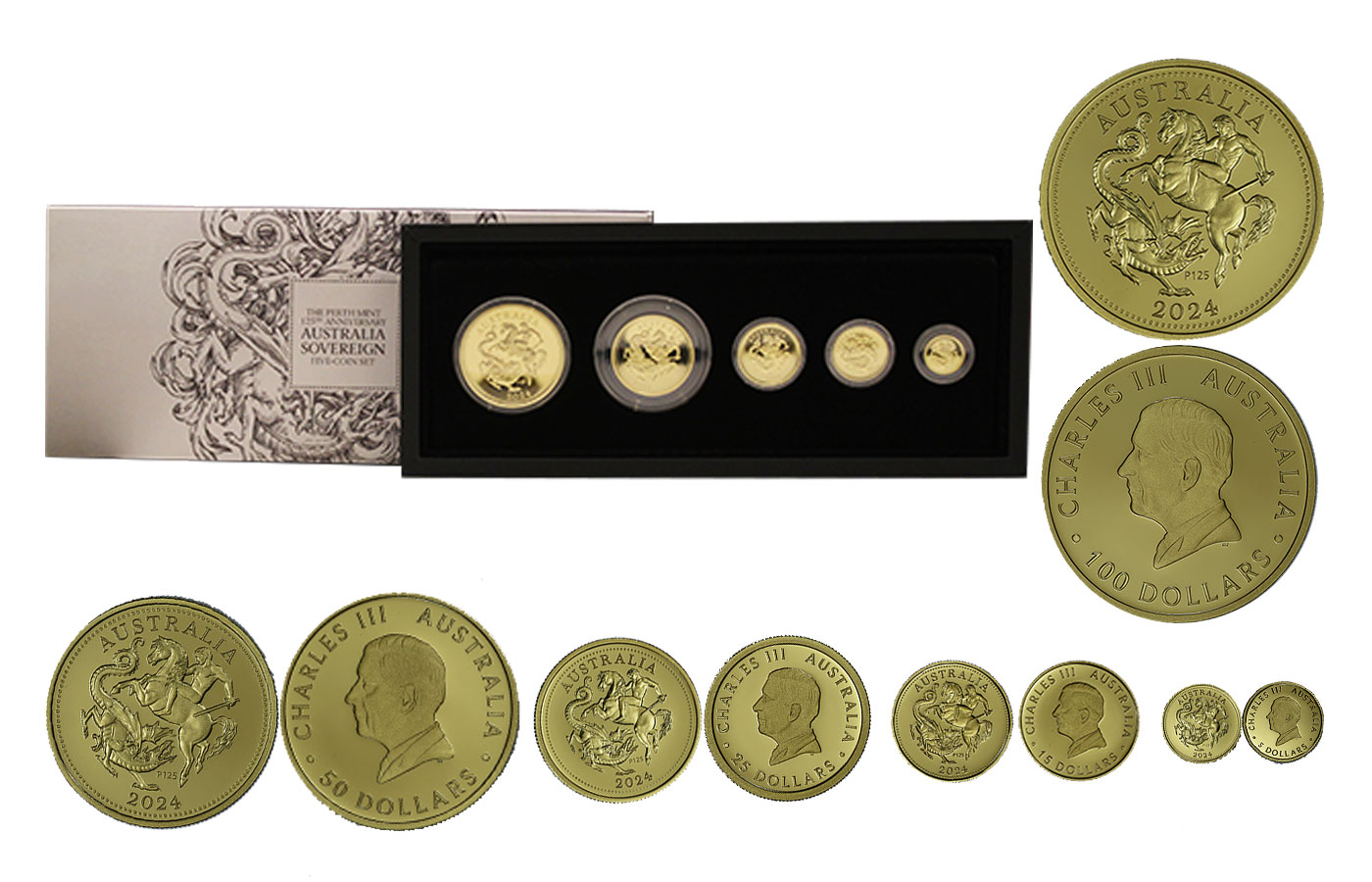 "Sterlina: 125 Perth Mint" - Re Carlo III - Serie completa da 100, 50, 25, 15, 5 dollari gr.tot. 69,89 in oro 917/ - Tiratura 125 pezzi