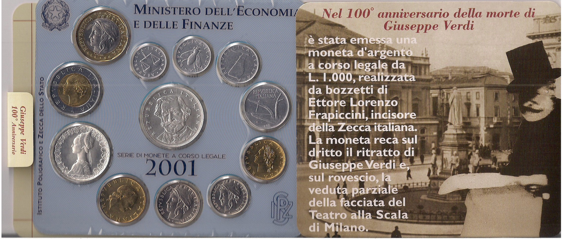 Serie completa di 12 monete confezionate con L.1000 "Giuseppe Verdi"