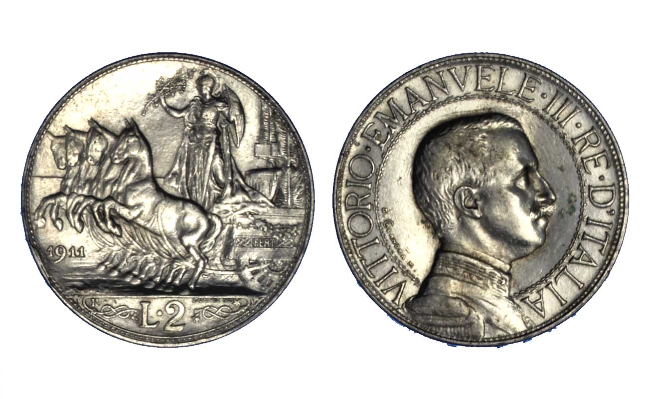 2 lire in argento Quadriga Veloce zecca di Roma