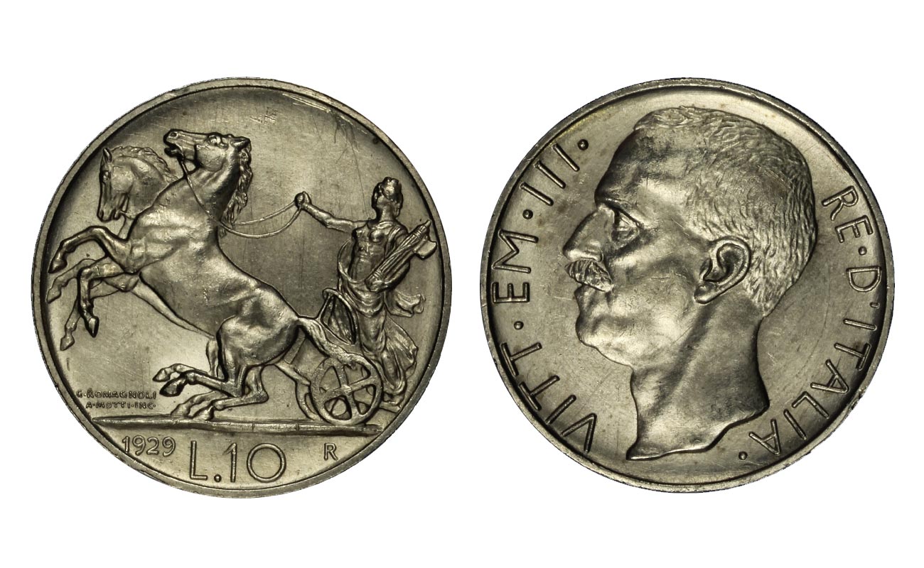 10 lire in argento Biga (2 rosette) zecca di Roma