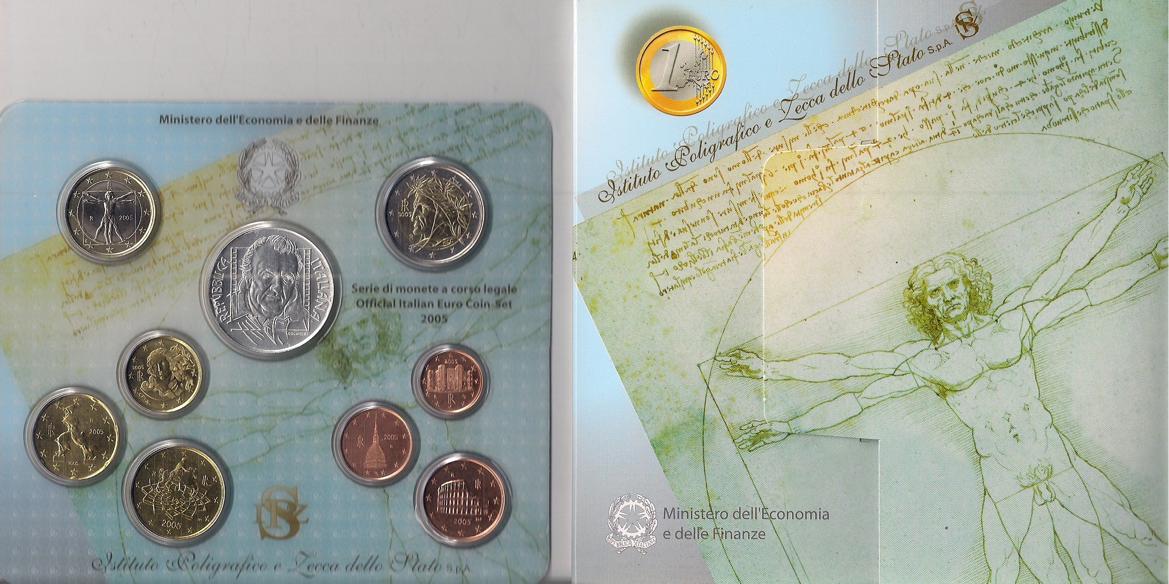 Serie completa di 9 monete in confezione ufficiale con moneta da 5 euro in Ag "85 Anniv. Nascita F. Fellini"