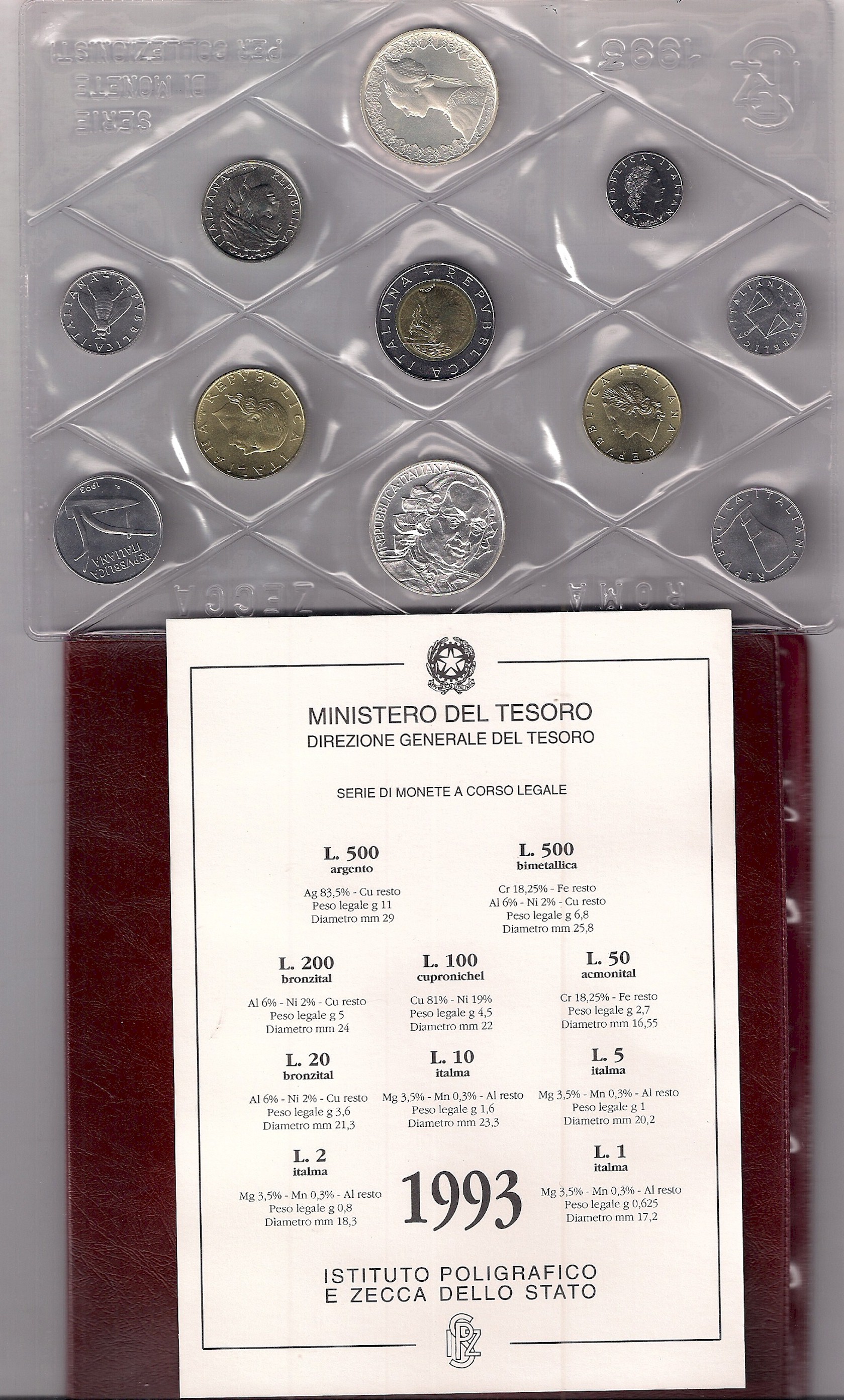 Serie completa di 11monete confezionate con L.500 "Goldoni"