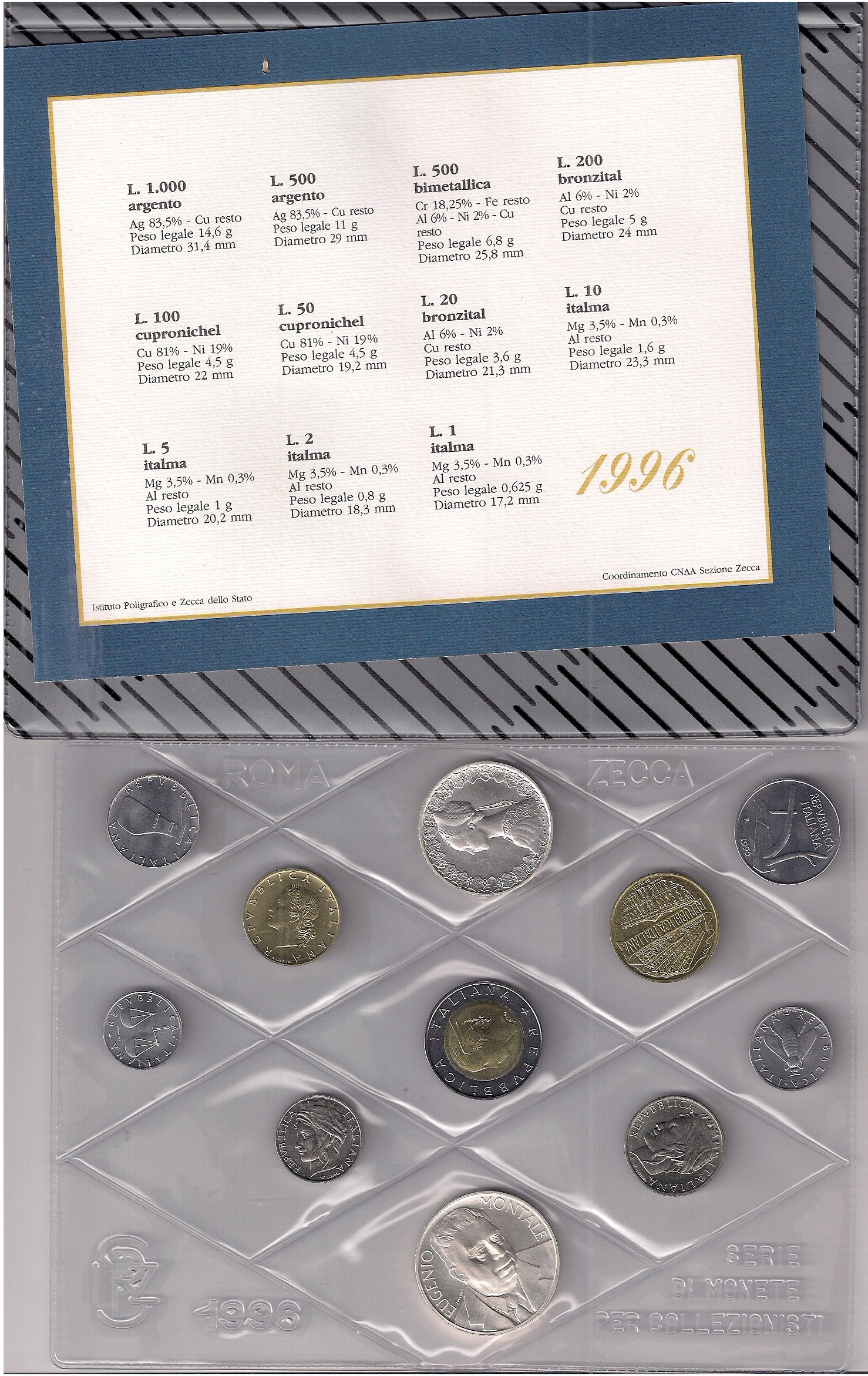 Serie completa di 11monete confezionate con L.1000 "Montale"