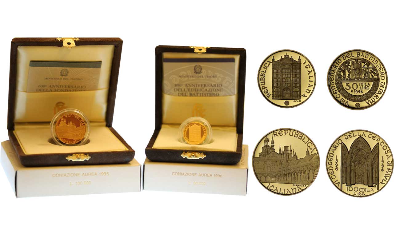 "Parma e Pavia" - L.50.000+L.100.000 gr. 22,50 in oro 900/