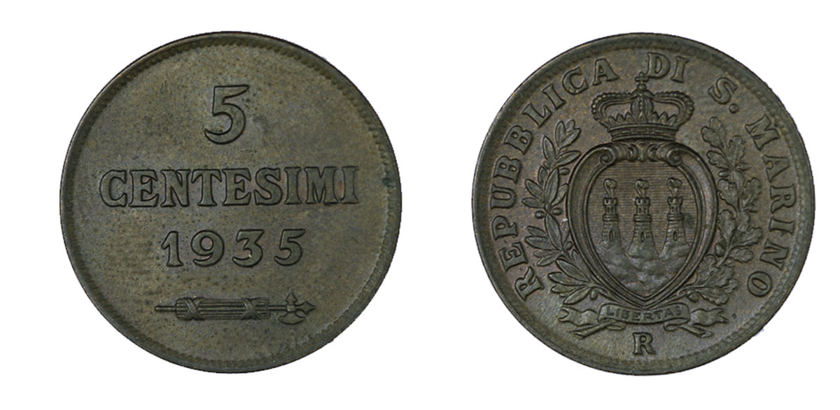 5 centesimi in rame zecca di Roma