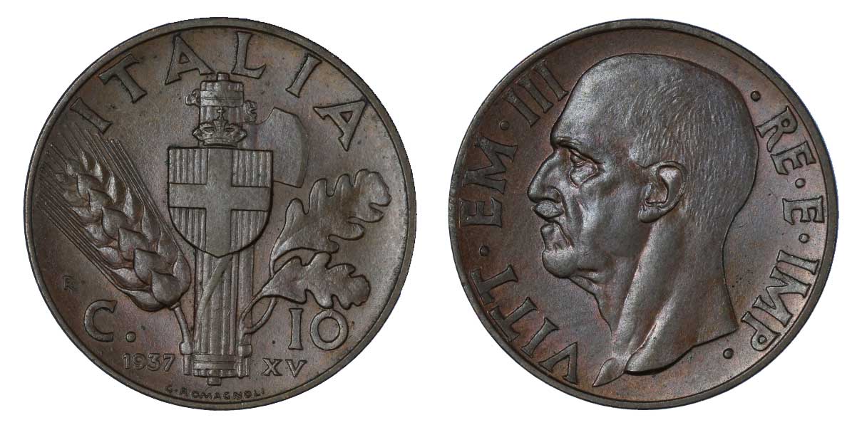 10 centesimi Impero anno XV zecca di Roma