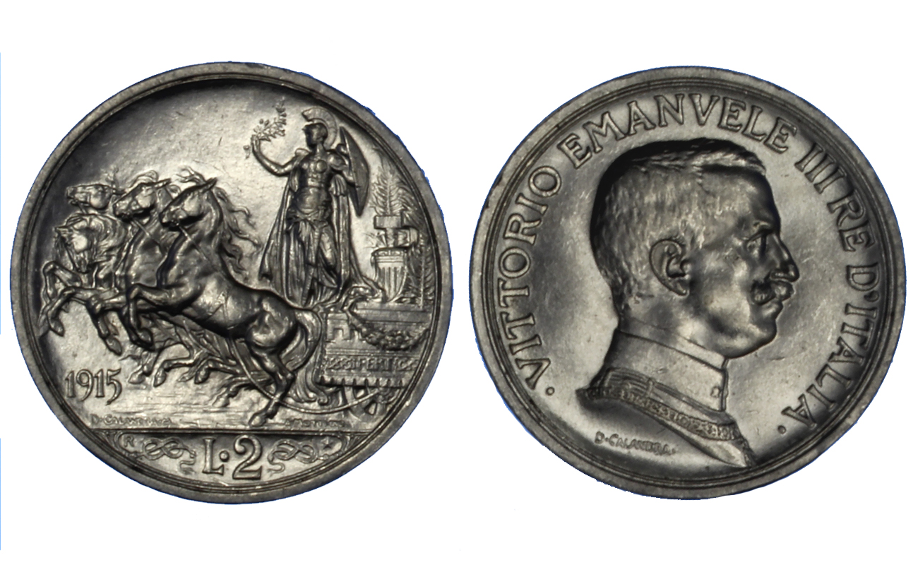 2 lire in argento Quadriga Briosa zecca di Roma