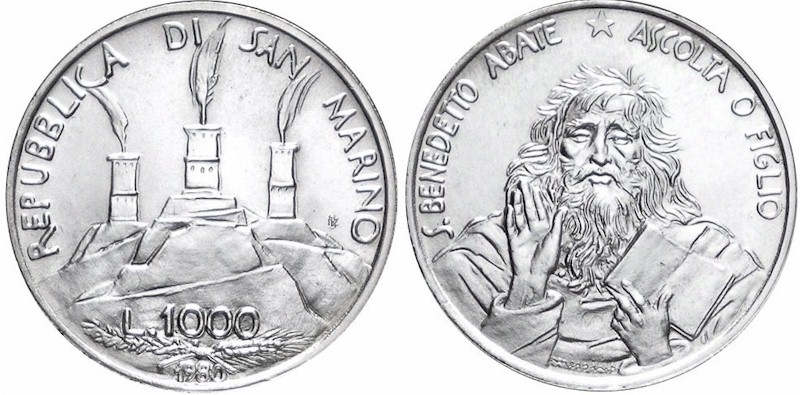 "San Benedetto" -  1000 Lire gr. 14,60 in arg. 835/ - In conf. originale 