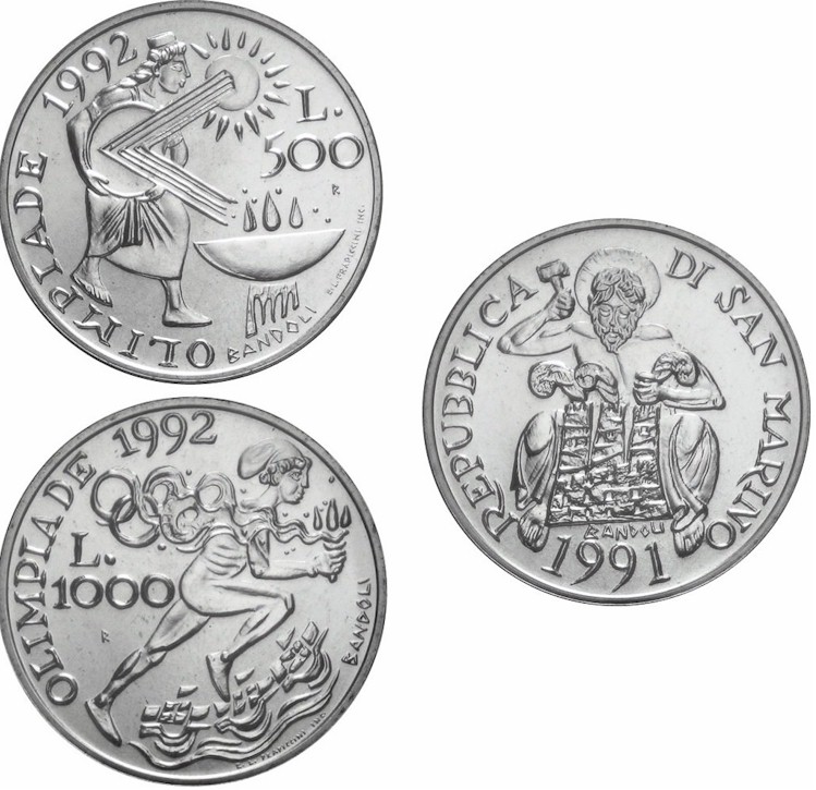 "XXV Olimpiade" - 1000, 500 Lire gr.tot. 25,60 in arg. 835/ - In conf. originale