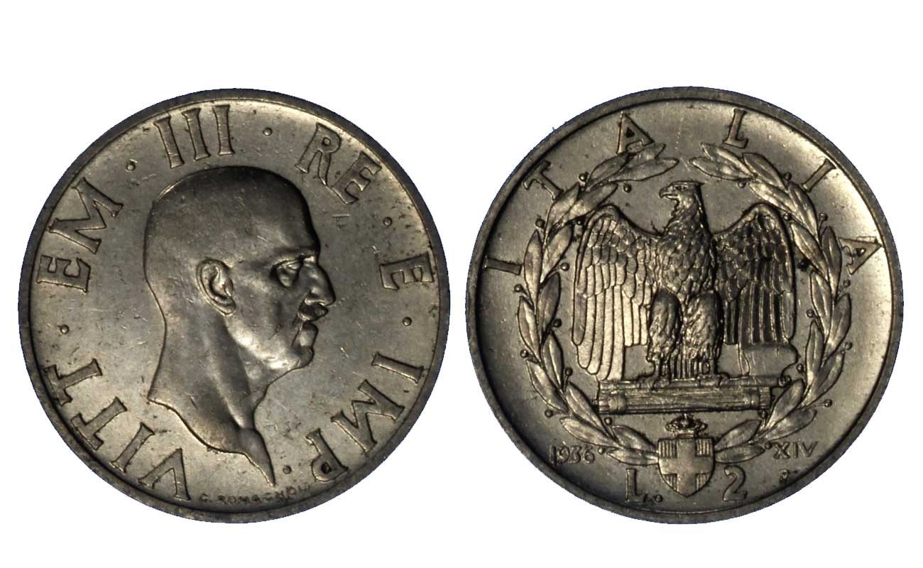 2 lire Impero (anno XIV) zecca di Roma - contorno liscio