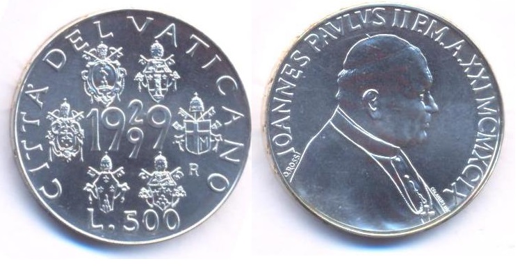 70 Anniversario della Citt del Vaticano - 500 Lire commemorativa in argento