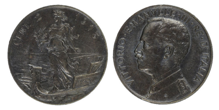 2 centesimi Italia su Prora zecca di Roma