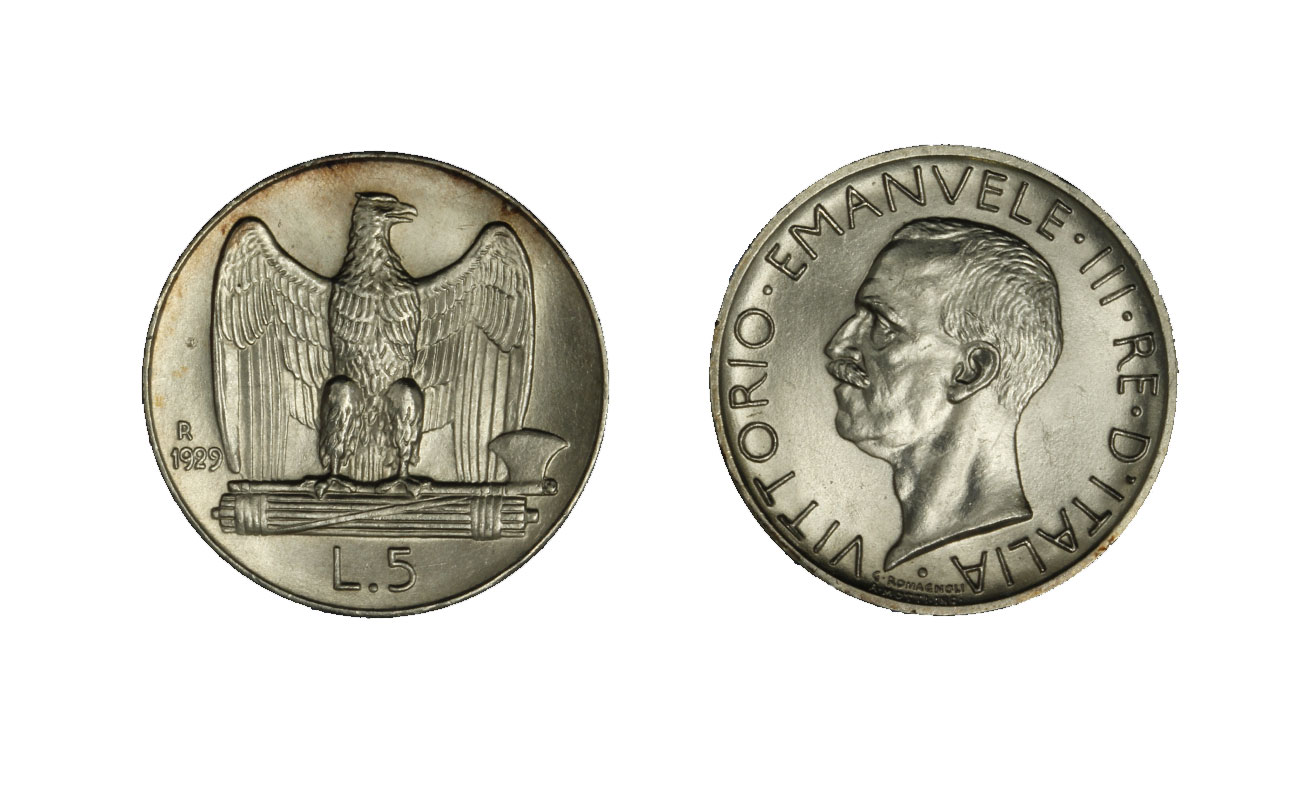 "Aquilotto" - Re Vittorio Emanuele III - 5 lire gr. 5,00 in ag. 835/°°° - una rosetta