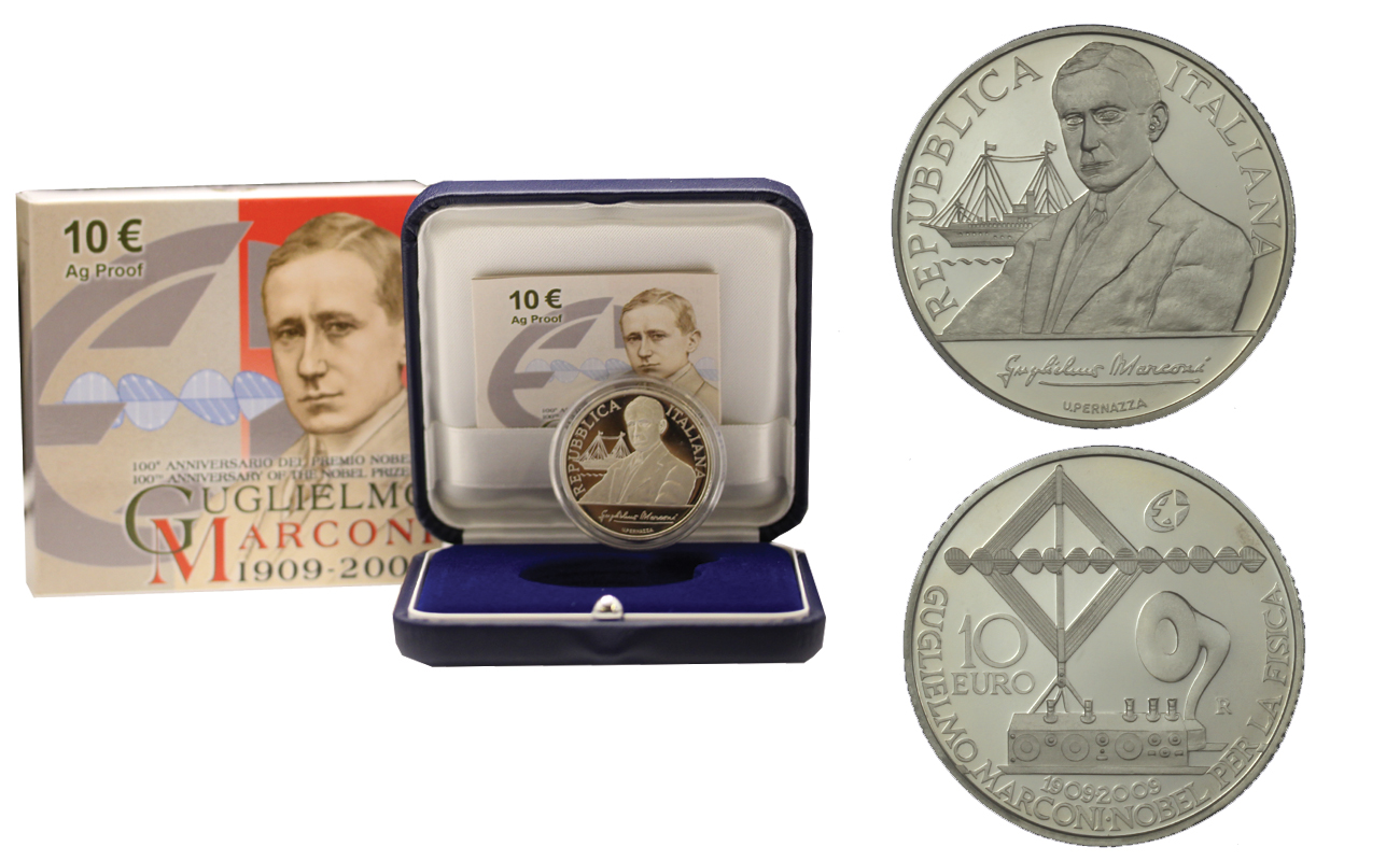 "100 del premio Nobel Guglielmo Marconi" - 10 Euro gr. 22,00 in arg. 925/
